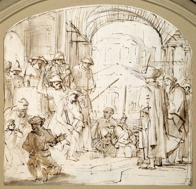 Posmívaný Kristus (pero a inkoust s praním na papíře) od Rembrandt Harmensz. van Rijn (school of)