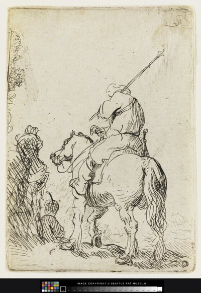Voják v turbanu na koni, kolem roku 1632 (leptání) od Rembrandt van Rijn