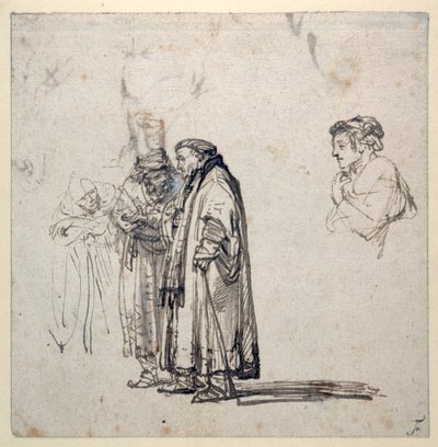 Skupina starších učenců a zvlášť profil mladšího muže (pero a hnědý inkoust s praním a kvašem na papíře) od Rembrandt Harmensz. van Rijn