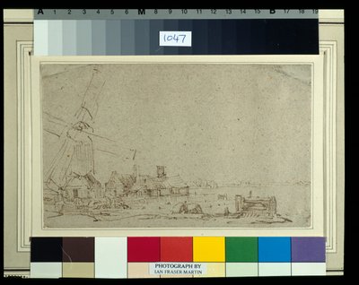 Větrný mlýn a skupina domů, cca 1652-53 (rákosové pero a inkoust s perem na papíře) od Rembrandt Harmensz. van Rijn