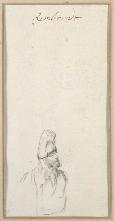 Vousatý muž z profilu, ve vysoké čepici, cca 1640 (černá křída na papíře) od Rembrandt Harmensz. van Rijn