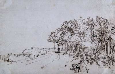 Copse v čele Amsteldijk poblíž Trompenburgu, kolem roku 1649 (pero a inkoust na papíře) od Rembrandt Harmensz. van Rijn