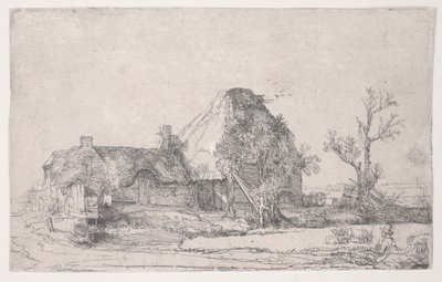Chaty a hospodářské budovy s skicováním muže, kolem 1645 (lept) od Rembrandt van Rijn