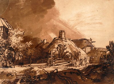 Chaty před bouřlivým nebem (pero a inkoust) od Rembrandt van Rijn