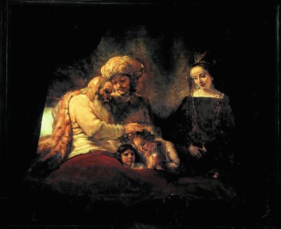 Jákob žehná svým vnoučatům Efrajimovi a Menaše v přítomnosti jejich rodičů Josefa a Anasty (malba na plátně) od Rembrandt Harmensz. van Rijn