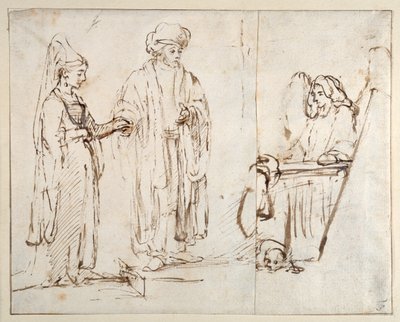 Laban přivádí Leu k Jákobovi, s Jacobem překrytým fragmentem jiné kresby; anděl se psem ležícím u jeho nohou od Rembrandt Harmensz. van Rijn