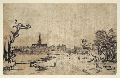 Krajina s vodou, vesnice Amstelveen v pozadí, kolem 1654-55 (pero a inkoust s hnědým praním) od Rembrandt Harmensz. van Rijn