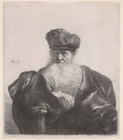 Starý muž s vlajícími vousy, kožešinovou čepicí a sametovým pláštěm, kolem 1632 (lept) od Rembrandt van Rijn
