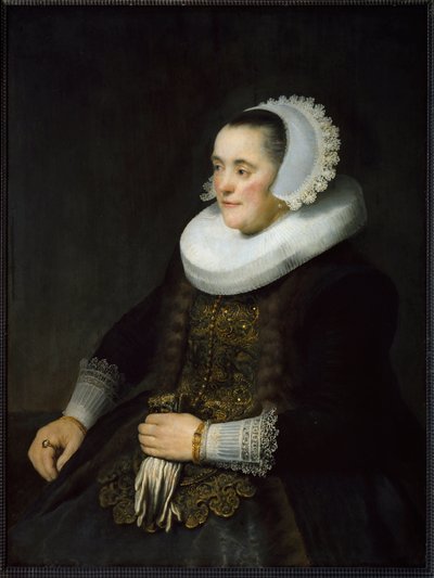Portrét nizozemské buržoazní ženy s límcem a čelenkou. (Malování od Rembrandt van Rijn