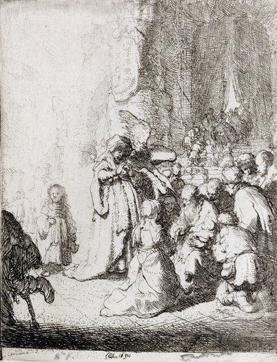 Prezentace v chrámu (pero a inkoust na papíře) od Rembrandt van Rijn