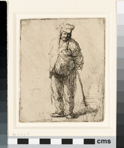 Otrhaný rolník s rukama za zády, držící hůl, kolem 1630 (lept) od Rembrandt van Rijn