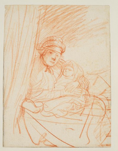 Saskia sedí v posteli a drží dítě, circa 1635 od Rembrandt van Rijn