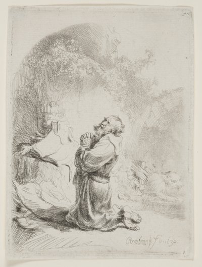 Svatý Jeroným se modlí: Obloukový tisk od Rembrandt van Rijn