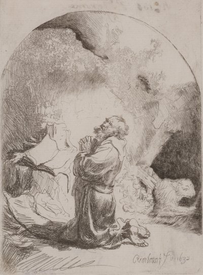 Svatý Jeroným se modlí: Obloukový tisk od Rembrandt van Rijn