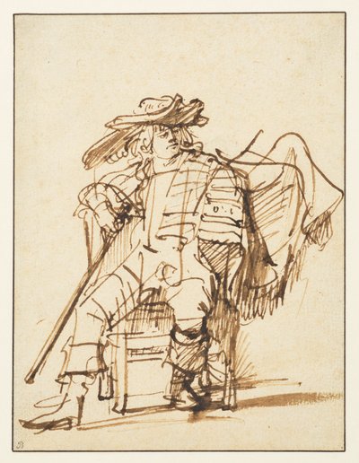 Studie sedícího herce v opeřeném klobouku - Capitano z Commedia dell"Arte, recto, 1636-c.1638 od Rembrandt van Rijn