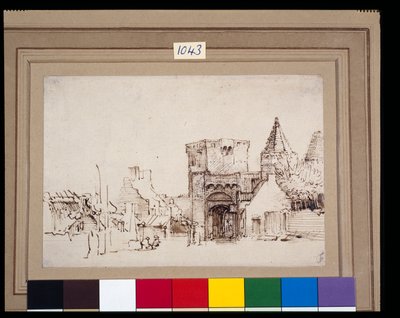 Rijnpoort v Rhenen v Gelderlandu, kolem roku 1649 (rákosové pero a inkoust s perem na papíře) od Rembrandt Harmensz. van Rijn