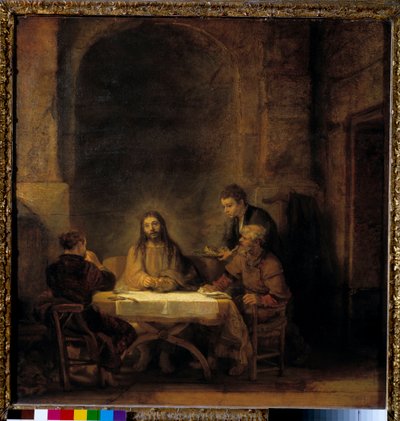 Emauzští poutníci Kristus se zjevuje poutníkům sedícím u stolu v emauzském hostinci. Obraz Harmensz van Rijn dit Rembrandt (1606-1669) 1648 Sun. 0,68x0,65 m - Emauzští poutníci nazývali také Emauzskou večeři. Kristus se zjevuje poutníkům od Rembrandt van Rijn