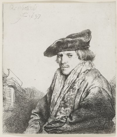 Mladý muž v sametové čepici s knihami vedle sebe od Rembrandt van Rijn