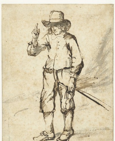 Stojící chlapec drží bič a zvedá pravou ruku od Rembrandt van Rijn (school of)