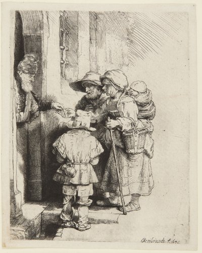 Slepý hráč na niněru a jeho rodina přijímající almužnu od Rembrandt van Rijn