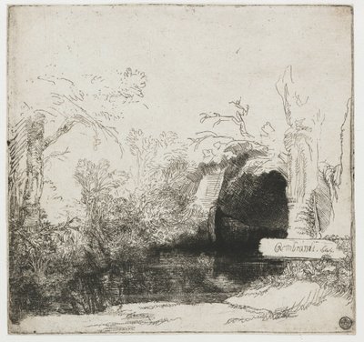 Potok s jeskyní a lodí („Het spelonkje“) Potok s jeskyní a lodí od Rembrandt van Rijn