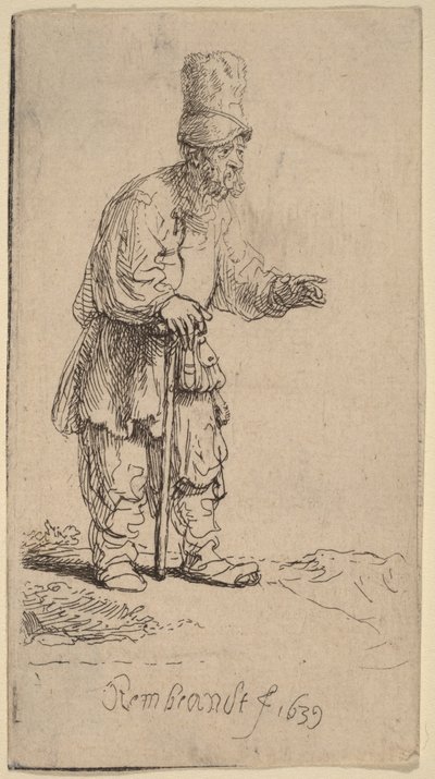 Rolník v čepici s vysokým kšiltem, stojící a opírající se o hůl od Rembrandt van Rijn