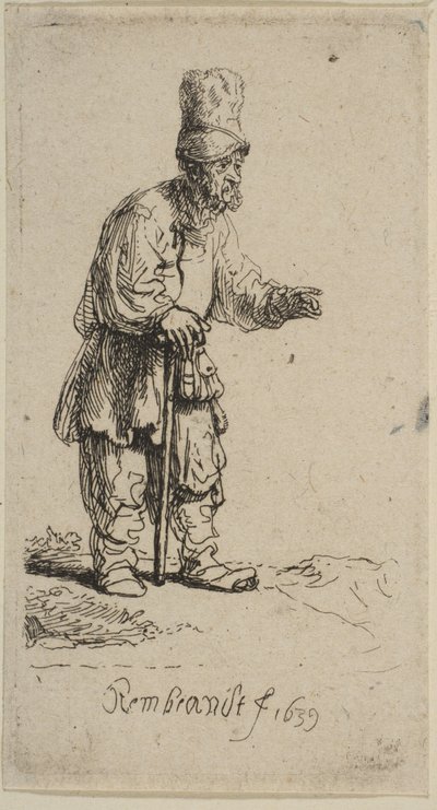 Sedlák ve vysoké čepici, stojící opřený o hůl, 1639. od Rembrandt van Rijn