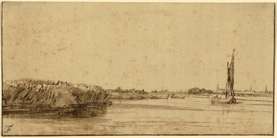 Plachetnice na široké vodní ploše, cca 1650 (pero a hnědý inkoust a hnědá barva, na tónovaném papíře) od Rembrandt van Rijn