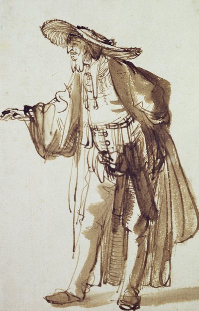 Herec se širokým kloboukem (pero a inkoust na papíře) od Rembrandt van Rijn