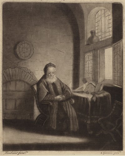 Postarší vousatý filozof sedící u stolu před oknem od Rembrandt van Rijn