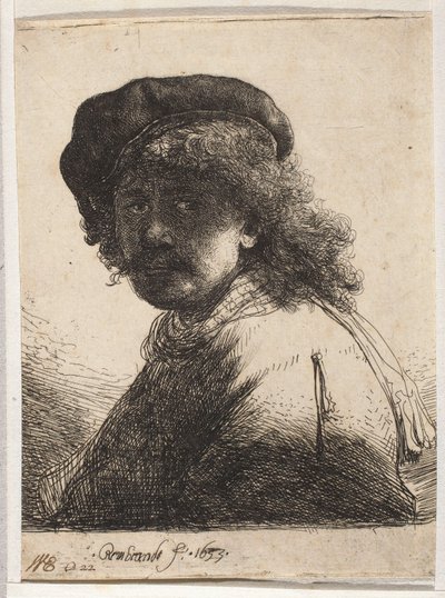 Autoportrét v baretu a šále od Rembrandt van Rijn