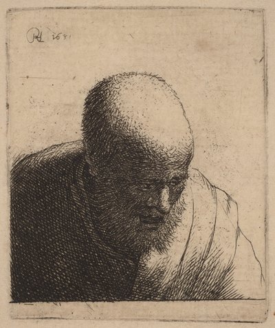 Plešatý muž s otevřenými ústy, hledící dolů od Rembrandt van Rijn
