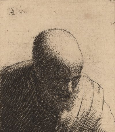 Plešatý muž s otevřenými ústy, dívá se dolů, c. 1630. od Rembrandt van Rijn