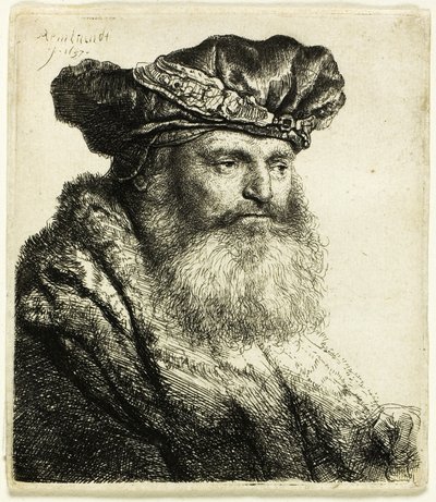Vousatý muž v sametové čepici s drahokamovou sponou od Rembrandt van Rijn
