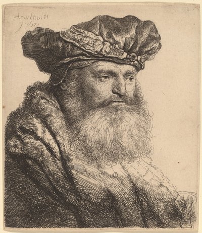 Vousatý muž v sametové čepici se sponou na šperky od Rembrandt van Rijn