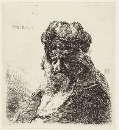 Vousatý stařík s vysokou kožešinovou čepicí a zavřenýma očima od Rembrandt van Rijn