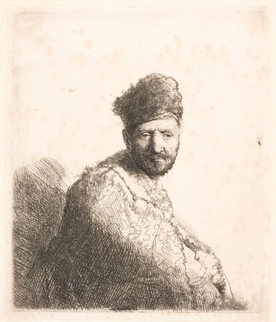 Vousatý muž (Rembrandtův otec) v kožešinové orientální čepici a plášti: polopostava od Rembrandt van Rijn