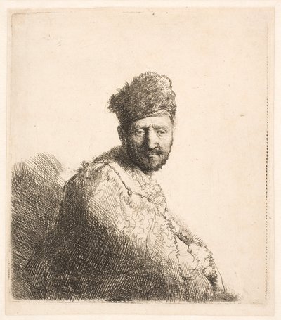 Vousatý muž (Rembrandtův otec) v kožešinové orientální čepici a plášti: polopostava od Rembrandt van Rijn