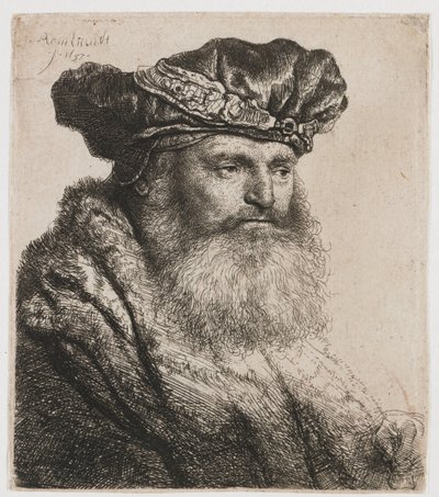 Vousatý muž v sametové čepici s drahokamovou sponou od Rembrandt van Rijn