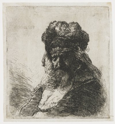 Vousatý stařík ve vysoké kožešinové čepici se zavřenýma očima od Rembrandt van Rijn