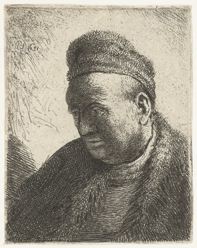Bezvousý muž v kožešinovém plášti a čepici: poprsí od Rembrandt van Rijn