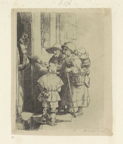 Žebrající rodina dostává almužnu u dveří domu Recueil de quatre-vingt-cinq estampes originales (název série) od Rembrandt van Rijn