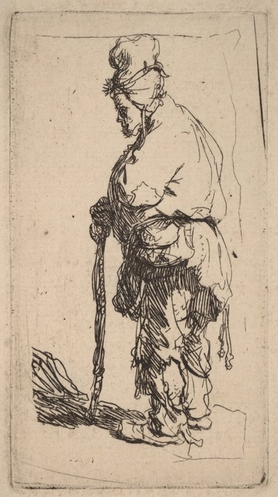 Žebrák opírající se o hůl, pohledem doleva od Rembrandt van Rijn