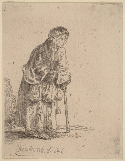 Žebračka opírající se o hůl od Rembrandt van Rijn