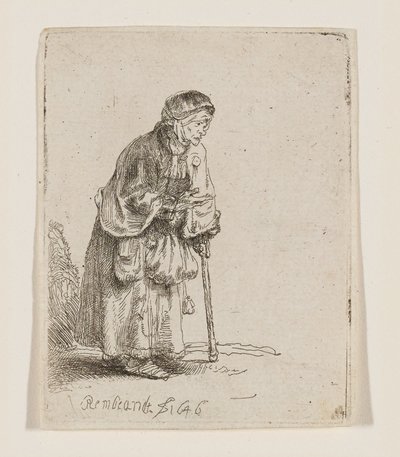 Žebračka opírající se o hůl od Rembrandt van Rijn
