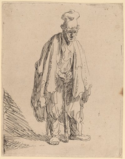 Žebrák ve vysoké čepici, stojící a opírající se o hůl od Rembrandt van Rijn