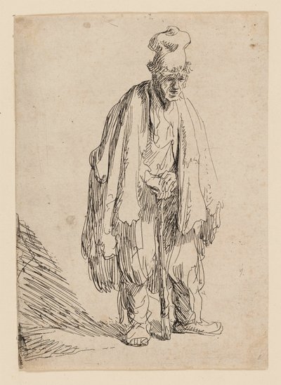 Žebrák ve vysoké čepici, stojící a opírající se o hůl od Rembrandt van Rijn