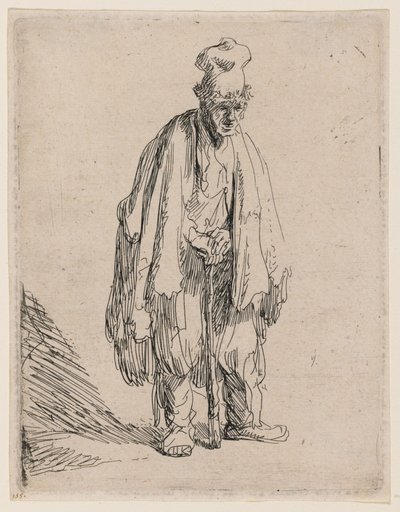 Žebrák v čepici s vysokým kšiltem, stojící a opírající se o hůl od Rembrandt van Rijn