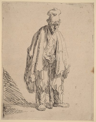Žebrák v čepici s vysokým kšiltem, stojící a opírající se o hůl od Rembrandt van Rijn