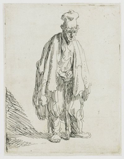 Žebrák s vysokou čepicí, stojící a opírající se o hůl od Rembrandt van Rijn